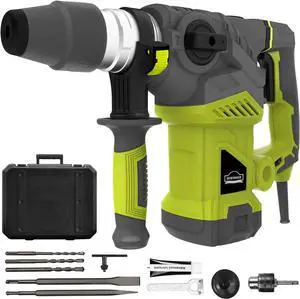 1-1/4 Inch SDS-Plus 13 Amp Heavy Duty Rotary Hammer Drill, Safety Clutch 4 Functions with Vibration Control Including Grease, Chisels and Drill Bits with Case