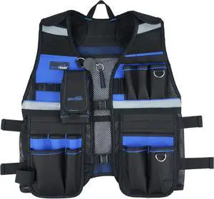 Tool Vest for Men Reflective Safety Tool Vest with Adjustable Straps, Removable Phone Holder for Electrical, Carpenters, Construction, Handyman (Blue)
