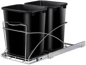 Double 35-Quart Pull Out Trash Can Under Cabinets Under Sink Garbage Sliding Waste Bin Container Recycling Bins with Chrome Wire Bottom Mount 44 lbs Load Capacity, Black