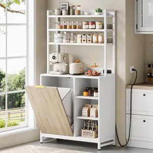 Tilt Out Trash Can Cabinet, 67" Kitchen Pantry Storage Cabinet, Bakers Rack Microwave Stand with Power Outlet, 7-Tiers Tall Coffee Bar Station for Kitchen, Dinning Room, Living Room (Wood White)