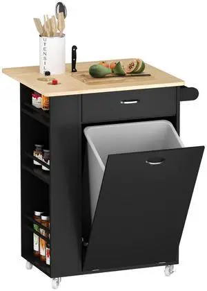 Kitchen lsland with Drop Leaf, Trash Cabinet Tilt Out 10 Gallon Storage, Portable Cart with Rubberwood Top, Spice Rack, and Drawers for Dining Room, Black