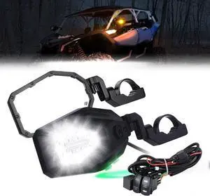UTV LED Lighted Side Mirrors with Flowing Turn Signal, Spot, Ground light, Heavy Duty lighted Rally Integrated Mirror for 1.6-2 in Roll Bar Compatible with Polaris RZR Talon 1000 Can Am X3