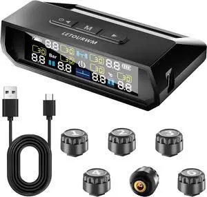 RV Tire Pressure Monitoring System -TPMS 2025 Upgrade Tire Pressure Monitor with 6 Sensors,Solar Charge & USB Type-C Color LCD Display, 0-9.9BAR/144PSI Range, 6 Alarm Modes for RV/Trailer/Truck IP68
