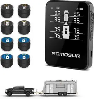 Wireless Tire Pressure Monitoring System for RV Travel Trailer Camper TPMS Gauge  0-108 PSI Range, Color Display, Smart Sensors, and Automatic Alerts, Sensors set of 8