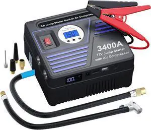 3400Amp Car Jump Starter with Air Compressor, 150PSI Tire Inflator with Digital Screen Pressure Gauge, 24000mAh 12V Auto Battery Booster (10.0L Gas/ 9LDiesel Engine), 2 USB Port 2 Light