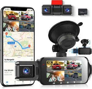 4 Channel Dash Cam Front Rear Inside Exterior, IPS 4K/2K Mini Dashcam Quad Car Camera with GPS WiFi, Wireless 4 Lens Dashcam, Night Vision, Parking Mode, Loop Recording, 128GB SD Card Included