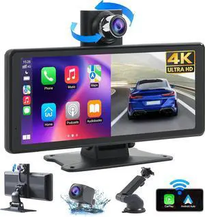 Wireless Car Stereo Carplay Screen with 4K Dash Cam, 8.1'' Portable 2K Touch Screen with 1080P Backup Camera, GPS Navigation for Car Play, Android Auto, Voice Control, Mirror Link, DVR, Bluetooth