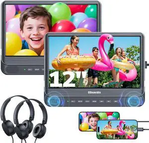 12" Dual Car DVD Players with HDMI Input 2 Headphones, Headrest DVD Players for Kids Support Sync Screen, Play A Same or Two Different Movies, Region Free, USB/TF Card, No Battery