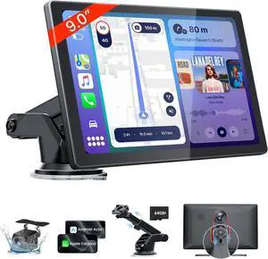 9'' HD Portable Carplay Screen for Car with 4K Dash Cam & 1080P Backup Camera DVR, Car Audio Receivers with Carplay & Android Auto Touch Screen, GPS Navigation, Mirror Link, Voice Control