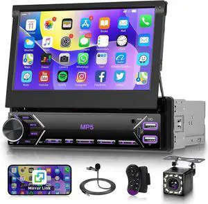 Single Din Flip Out Car Stereo Bluetooth 7 Inch Retractable Touch Screen Car Radio 1 Din Mirror Link/FM/EQ USB/Type-C/AUX SWC,  Car Audio Receiver MP5 Multimedia Player with Backup Camera