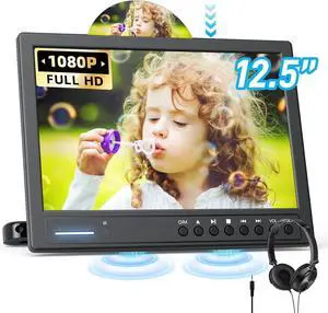 12.5" Car DVD Player with Headphone, Portable DVD Player with Headrest Mount, Suction-Type Disc in, Headrest DVD Player Support 1080P Video, HDMI Input, AV in/Out, USB/SD Card Reader