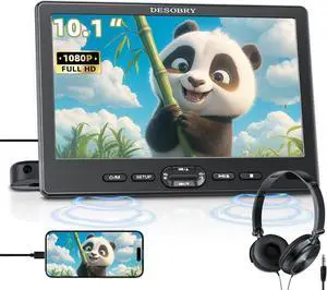 10.1" Car Headrest DVD Player with Suction-Type Disc in,  1080P Portable DVD Player for Car with Headphones, Mounting Brackets, Support HDMI Input,AV in/Out, Region Free, Last Memory