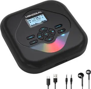CD Player Portable,Bluetooth CD Player with Speakers,Rechargeable Player for Car and Home,Small Anti-Skip Player with Dual Headphone Jacks,WAV/FLAC/MP3/CD Compatible