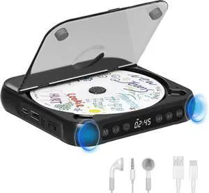 Portable CD Player with Bluetooth 5.3, Rechargeable Walkman CD Player for Home/Car, Built-in HiFi Speakers, Headphones, LCD Screen, Supports CD/AUX/USB and Repeat Modes, Black