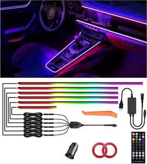 175 Acrylic Car Ambient Lighting Kit  6 RGB LED Light Strips, APP/Remote/Control Box, Music Sync, Dual USB Cigarette Lighter, Universal Fit for Car/SUV/Truck