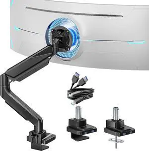 Single Monitor Arm, Heavy Duty Adjustable Monitor Arm for 13"-49" Screens with USB, Gas Spring Desk Mount Stand with C Clamp/Grommet Mounting Base up to 40lbs Computer, Black