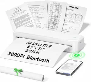 Portable Printers Wireless for Travel, Inkless Thermal Printer Support 8.5" X 11" US Letter & A4 Size, Mobile Bluetooth Printer Compatible with iOS, Android & Laptop for Home Office Car (White)