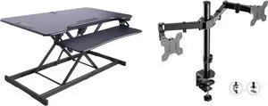 46" Electric Standing Desk Converter with AC Outlet USB Charger and Dual Monitor Arm Mount - Motorized Adjustable Sit Stand Riser - Tabletop Workstation Keyboard Tray - Black (R EDRB-46-DM2)