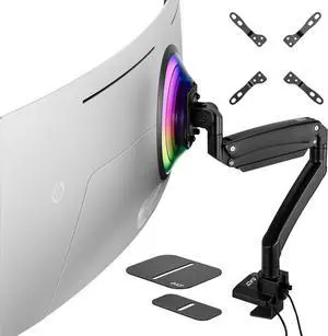 Single 17"-57" Super Ultrawide Monitor Arm for Screens Up to 59.5 lbs, Premium Aluminum Desk Stand, Adjustable Pneumatic Height, Full Motion Swivel Tilt Rotation, USB-C & USB-A Ports, Black