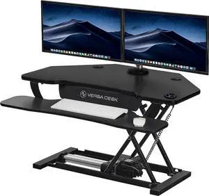 ® PowerPro 36" Corner Standing Desk Converter, 36 Inch Motorized Height-Adjustable Standup Desk Riser Sit to Stand Desktop with Keyboard and Mouse Tray + USB Charging Port, Black