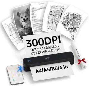 Portable Thermal Printer, 300DPI Inkless-Bluetooth Small Mobile Printers Wireless for Travel, Office, Vehicles, Home Use, Supports 8.5" x 11" US Letter, A4 A5, Compatible with iOS, Android, PC