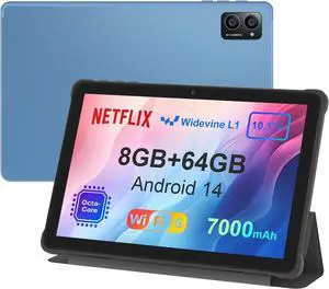 10 inch Android 14 Tablet: 2025 8-Core CPU 8GB RAM 64GB ROM 1TB Expandable Widevine L1 Android Tablet 7000mAh Battery OTG IPS Face Recognition, Metal Body + Stand Case