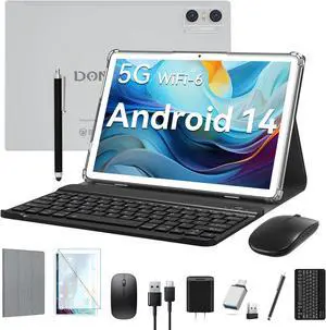 Android 14 Tablet 2025 Latest Tablets, 10 inch Tablet (4+4)GB RAM 64GB ROM 1TB Expand, 2 in 1 Tablets with Keyboard, Case, Stylus, Octa-Core Tableta PC, WiFi 6, Bluetooth,13MP+5MP Dual Camera (Silver)