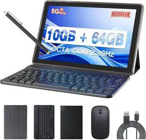 Tablet MTK8768 Octa-CORE 10.1Inch RAM 10GB(4GB+6GB Expand) +64GB ROM+1TB Expandable Computer PC with Case/Keyboard/Mouse, IPS 1280 * 800 Screen, 2+8MP Dual Camera, WiFi, BT, (Black Kit)