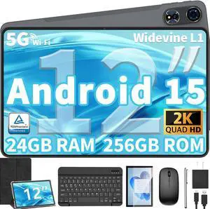 12 Inch Tablet Android 15 Tablets, 2025 Upgraded Android Tablet with Keyboard, 24GB RAM+256GB ROM(1TB Expand), Octa-Core, 2K 2000x1200 Display, 16MP Dual Camera, 8000mAh, 2.4G/5G WiFi, GPS (Black)