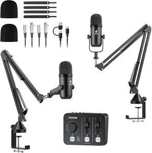 Podcast Equipment Bundle for 2, Audio Mixer with 2 Dynamic Microphone and 2 Boom Arm Set, XLR Mic with Studio Audio Interface, All-in-One Pack for Podcasting, Recording, Youtube, Tiktok, POD-2