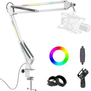 RGB Boom Arm, Adjustable Mic Stand with Desk Mount Clamp and Mic Clip, Compatible with HyperX Quadcast, Blue Yeti, Rode, Shure SM78 for Streaming, Gaming, Youtube Recording WHITE