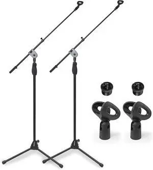 AxcessAbles AXCMS-201TB One Hand Microphone Stand with Tripod Base and Quick Grip Height Adjustment - Telescoping Mic Boom Arm Included. Tall Microphone Stand for Singing 2-Pack