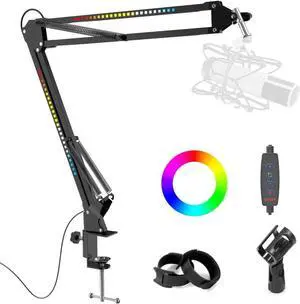 RGB Boom Arm, Adjustable Mic Stand with Desk Mount Clamp and Mic Clip, Compatible with HyperX Quadcast, Blue Yeti, Rode, Shure SM78 for Streaming, Gaming, Youtube Recording (black)