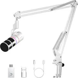 EJoy D10 PRO(A) USB Wireless Gaming Microphone  Boom Arm Mic with Wired/Wireless Modes, XLR/USB-C, Real-Time Monitoring, 45H Battery, RGB Dynamic Mic for Gaming, Streaming, Podcast, Recording (White)