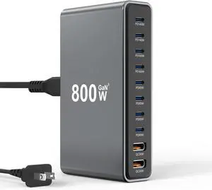 800W GaN III 10-Port USB-C Charging Station - Fast Charger for Laptops, Tablets, Smartphones, and More (Black)