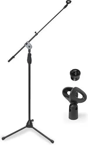 AxcessAbles One-Handed Microphone Stand with Clutch Height Adjustment, Tripod Base, Telescopic Boom Arm, Soft Grip Height Adjust, Collapsible Mic Stand for Singers, Musicians, Performers, Studio Use