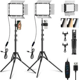 2-Pack LED Video Light Kit,  Studio Light with Phone Holder& Light Barndoor, Upgrade 2800-7000K Dimmable Photography Lighting for Video Recording, 60'' Tripod for Streaming, YouTube, Make Up