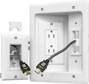 TV Cord Hider for Wall Mounted TV, in-Wall Cable Management Kit, Outlet Box Dual Outlet Cord Hider with Power & Low Voltage Support, Includes Drywall Saw, Template & Extension Cable