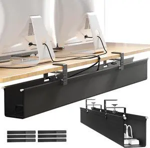 [Upgraded] Large Under Desk Cable Management Tray,  Cable Management Under Desk No Drill, 42" Fabric Cord Hider for Wire Organizer, Cord Organizer for Office, Home - Supports Up to 30lbs