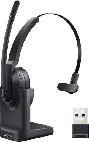 Wireless Headset with AI Noise Cancelling, 45 Hours Playtime, Trucker Headset with USB Dongle & Charging Base for Work PC Home Office Trucker Call Center