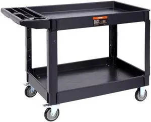 Utility Service Cart, 2 Shelf 550LBS Heavy Duty Plastic Rolling Utility Cart with 360° Swivel Wheels (2 with Brakes), Large Lipped Shelf, Ergonomic Storage Handle for Warehouse/Garage/Cleaning