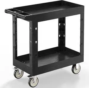 2 Shelf Heavy Duty Plastic Utility Cart, Service Cart Tub Storage W/Deep Shelve Holds up to 1000 lbs, Rolling Utility Cart with 360°Swivel Wheels, Work Cart for Warehouse, Garage, Cleaning