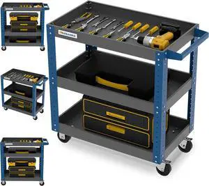 Rolling Tool Cart,with 3 Tier Tool Cart on Wheels,500lbs Load Capacity,Tool cart with Height-Adjustable Tiers,Tool Organizer for Garage, Service Cart Warehouse, Repair Shop and Home