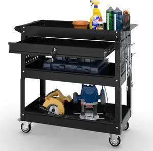 3 Tier Rolling Tool Cart on Wheels with Locking Drawer - Metal Service Cart Industrial Utility Cart for Mechanic - 350 LBS Mobile Storage Organizer for Garage, (Black)