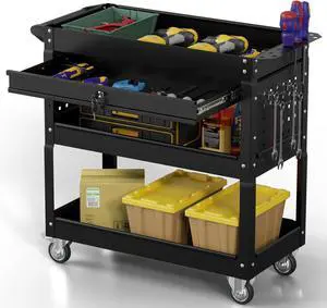 3 Tier Rolling Tool Cart on Wheels, Industrial Heavy Duty Tool Cart with Drawers, 500 LBS Utility Carts with Hooks and Locking System for Garage, Warehouse, Workshop (Black)