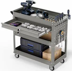 3-Tier Tool Cart, Heavy Duty Utility Cart on Wheels, 330Lb. Load, Mechanic Tool Storage with Drawers, Metal Rolling Tool Cart, for Warehouse, Garage Storage, The Repair Shop (Grey)