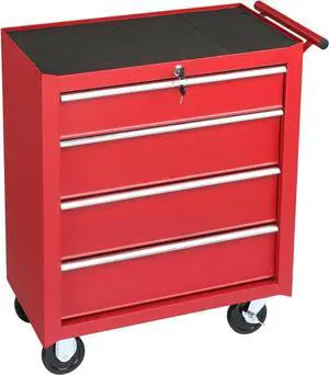 4-Drawer Tool Chest with Wheels & Lock & Key, Heavy Duty Cart Rolling Tool Box on Wheels, Metal Storage Cabinet, Rolling Tool Cart with Drawers for Garage, Warehouse & Repair Shop (Red)
