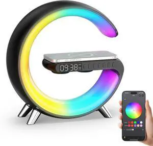 Wake Up Light, Wireless Charger Atmosphere Desk Light with Bluetooth Speaker White Noise App Control Dimmable Sunrise & Sunset Simulation Dual Alarm Clock Smart Light for Home Decor