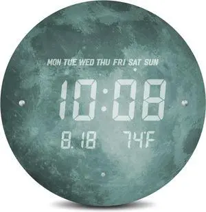 Digital Moon Wall Clock with Temperature/Time/Date, 12'' Modern Led Cordless Wall Clock Battery Operated, Smart Dimming, Large Display Decorative for Bedroom/Office/Kitchen
