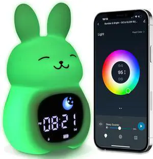 Go & Glow Bunny App Control Kids Alarm Clock  Digital Sleep Trainer with USB-C Corded, 8 Night Light Colors, 6 Soothing Sounds, 12/24H Routine Trainer, Gift for Boys & Girls